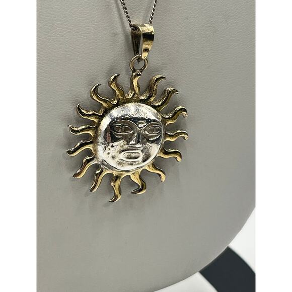 Mexico Vintage Handmade Sterling and Gold Sun Face Two Tone Pendant Necklace - Picture 3 of 13